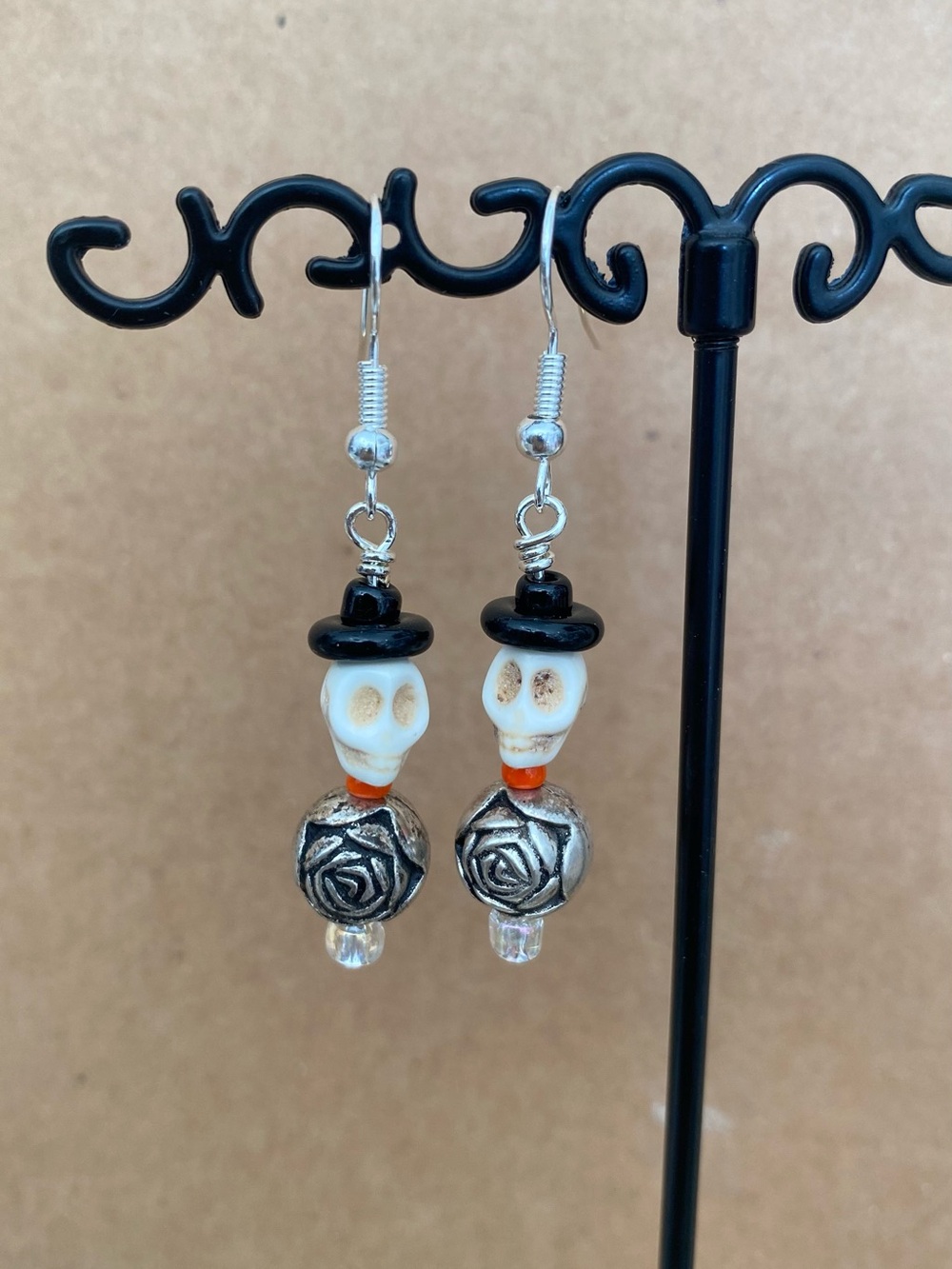 Handmade Skull & Rose Dangle Earrings in Black, White and Silver